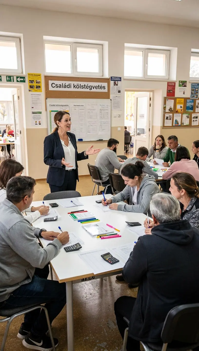 Családi költségvetés-tervező készlet tollal és jegyzettömbbel egy faasztalon, pénzügyi tervezéshez.