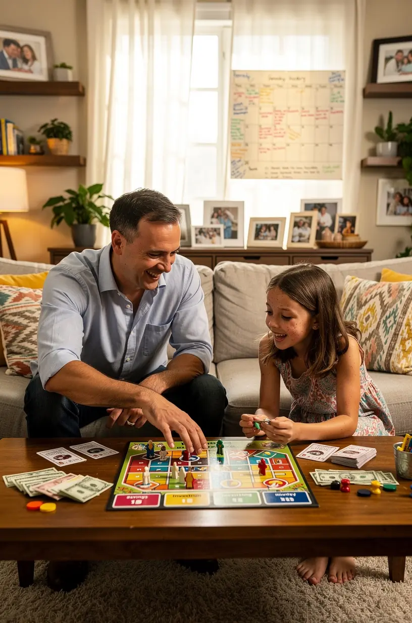 Mosolygó család ül a nappaliban, miközben közösen tervezik havi költségvetésüket.